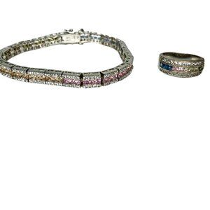 Sterling Silver Bracelet & Ring Set | Rainbow CZ | FAS Y2K Jewelry